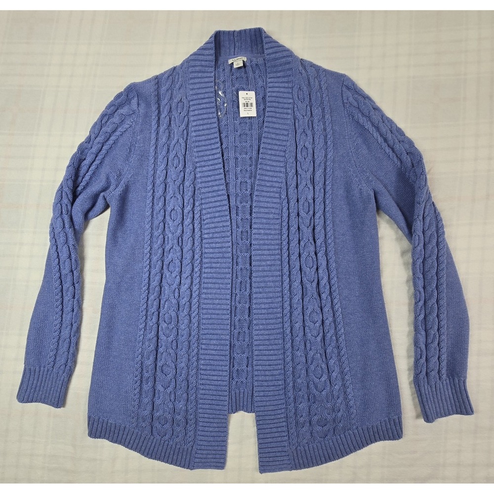 LL Bean Womens Double L Cable Knit Open Cardigan Sweater Long Blue Heather L NWT - Picture 1 of 12